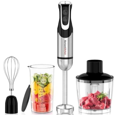 Bonsenkitchen Frullatore a Immersione 4 in 1, 1000W Inox con 12 Velocità e Turbo, Include Frusta, Bicchiere 700ml, Tritatutto