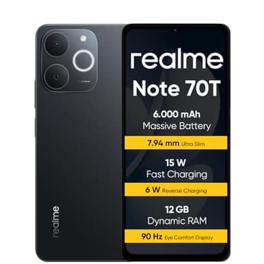 realme Note 70T Smartphone 4+256GB, Batteria da 6.000 mAh, Ricarica rapida da 15 W con carica inversa da 6 W, 24 GB di RAM dinamica, Display con comfort visivo da 90 Hz, nero