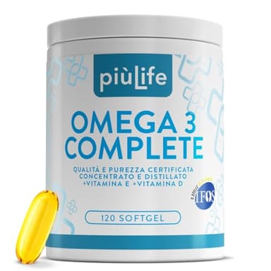 Omega 3 IFOS 5 Stelle Certificato Con Vitamina D3 2000 UI PiùLife 120 Softgel 2000mg EPA, 1000mg DHA Dose, Olio di Pesce Omega 3 Capsule Fish Oil, Trigliceridi, Cuore, Vista, Ossa, Cervello