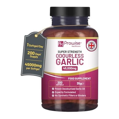 Capsule di aglio inodore premium | 45.000 mg per capsula molle | 200 softgel (non compresse) ad altissima resistenza | Estratto di olio di aglio premium pressato a freddo e deodorato da Allium Sativum