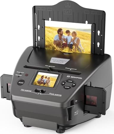 DigitPro Scanner per film e foto 4 in 1 con scheda SD da 8 GB, digitalizzato 35 mm/135 negativi, diapositive, foto e biglietti da visita per 22 MP JPG, 2,4" LCD, senza PC necessario (porta USB)