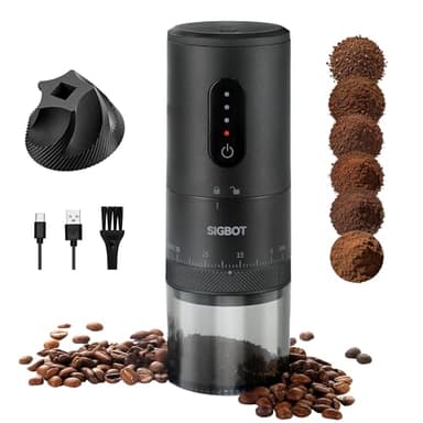 Sigbot Macchina Caffè Portatile - Macina Caffè Conico Ceramica 38 Impostazioni di Macinatura Batteria da 2000 mAh con Cavo di Ricarica Type-C Ideale per Viaggi Campeggio Ufficio e Casa