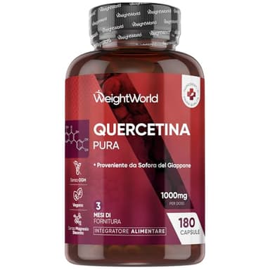 Quercetina 1000mg Pura e Vegana, da 180 Capsule, (3 Mesi di Fornitura), Quercetina Pura Proveniente dalla Pianta Sophora Japonica, Integratore Flavonoidi, Privo di Magnesio Stearato e Senza Glutine
