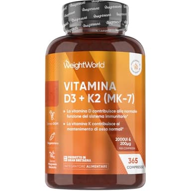Vitamina D3 K2, 1 Compressa al Giorno, 2000UI di Colecalciferolo, 200μg di Menachinone, La Vitamina K Contribuisce al Mantenimento di Ossa Normali (EFSA), 365 Compresse (Per 1 Anno), Senza Glutine