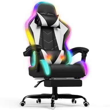 Devoko Sedia da Gaming con Massaggiante Schienale Regolabile 90-135°, Sedia Gaming con LED e Poggiapiedi Telescopico,Poltrona Gaming Ergonomica Portata 150 kg (Bianca)