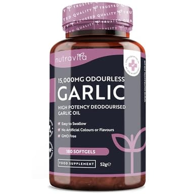 Nutravita Aglio Inodore in Capsule 15.000mg – 180 Softgels AltoDosaggio – Fornitura di 6 Mesi – Estratto di Olio di Aglio Puro ad Alta Qualità Deodorizzato Ricavato dall’Allium Sativum