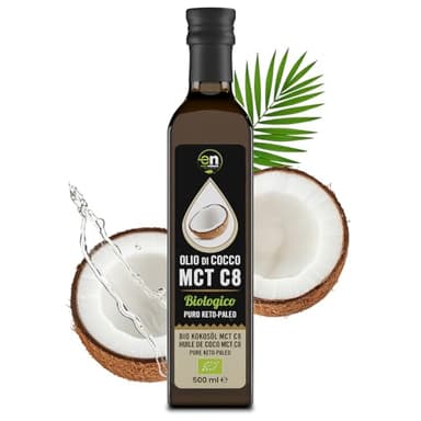Exponatura Olio MCT C8 Biologico 500 ml - 100% Estratto da Olio di Cocco, Puro Acido Caprilico - Energia Naturale per Dieta Keto e Paleo - Vegano, Made in EU