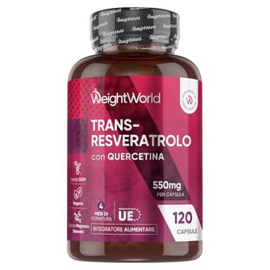 Resveratrolo con Quercetina, 120 Capsule Vegane, 1 Capsula al Giorno (per 4 Mesi), 550mg Trans Resveratrolo 98% e Quercetina Complex, Poligono del Giappone (Knotweed), Senza Magnesio Stearato né OGM