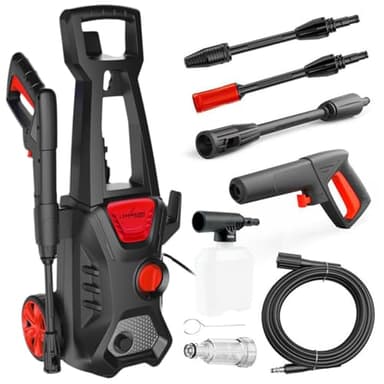 LEHMANN Jukon Idropulitrice Alta Pressione, 1600 W, Pressione max. 200 bar, Portata 480 l/h, Autoadescante, Con Tubo da 5 m, Pistola, Lance e Lancia Schiuma, Ideale per la Casa, il Giardino e l'Auto