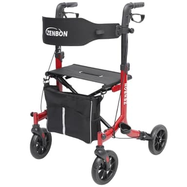 Deambulatore in Alluminio Ultraleggero con 4 Ruote: Rollator Stretto per la Casa, Deambulatore con Seduta Pieghevole per Anziani - Rollator da Viaggio con Maniglia Regolabile in Altezza (Rosso)