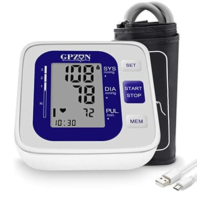 Gpzon B26 Misuratore di Pressione Braccio bracciale Macchina per polsini BP, Accurato kit automatico per alta pressione sanguigna, Bianco/Blu, Con polsino largo 22-40 cm