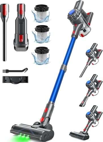 Ivormentico Aspirapolvere Senza Fili, 50Mins/450W/40KPA Scopa Elettrica Senza Fili, Aspirapolvere con LED Verde, Aspirapolvere Verticale con Batteria Rimovibile per Tappeti/Peli Animali, Blu