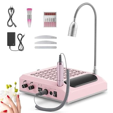 Trsaow Fresa elettrica per unghie 6 in 1, aspiratore professionale per polvere da 30.000 giri/min, potente aspiratore da 80 W, luce LED girevole da 6 W, silenzioso, con 3 lime per salone (Pink)