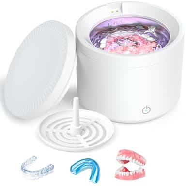 Acmeenjoy Pulitore Ultrasuoni 48000Hz, Pulitore Ultrasuoni Apparecchio Denti 200ml con UV Lampada e Pulizia di Baske, per Bite/Protesi dentali/Fermi/Testine di Spazzolini da Denti, Bianco
