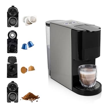 Princess 01.249450.01.001 Caffettiera Multifunzione, Compatibile con capsule Nespresso,Dolce Gusto,cialde ESE e caffè macinato, 19 bar, Nero e argento, 800 ml