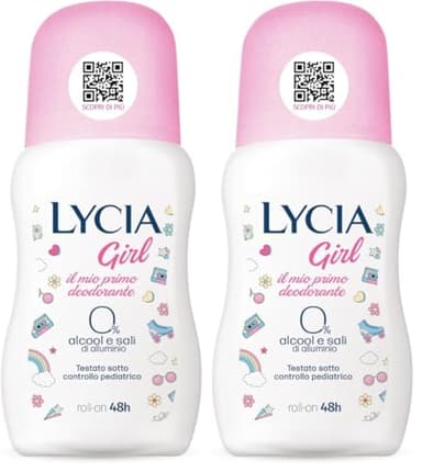 Lycia - Deodorante Roll on Girl, Deodorante per Bambine e Ragazze, Dermatologicamente testato sotto controllo Pediatrico, 50ml (Confezione da 2)