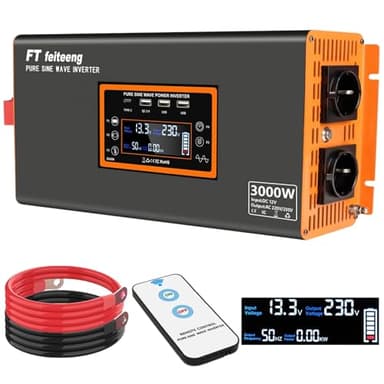 3000W/6000W inverter 12v 220v onda pura,inverter onda pura 12V CC a 220V/230V CA con display LCD, Telecomando，porta USB-C e porta QC 3.0 per veicoli di emergenz