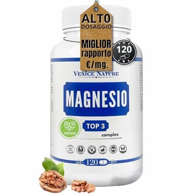 MAGNESIO COMPLETO 400mg - 3 in 1 Alto dosaggio, Miglior rapporto €/mg. | Vegano, 120 Capsule, Integratore Magnesio Complex, Magnesium Ossido, Bisglicinato e Citrato - Venice Nature