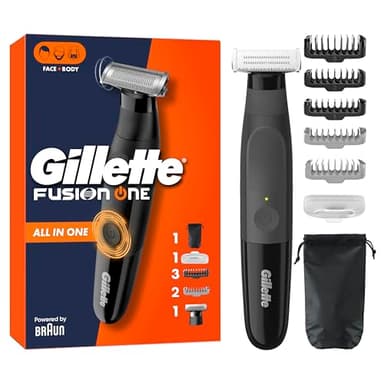 Gillette Fusion One Rasoio Elettrico Uomo Barba E Corpo, 3 Pettini Barba (1,2,5mm) E 1 Pettine Corpo, Testina Oscillante, Custodia, Impermeabile, Senza Fili, 45 Min Autonomia, Tecnologia Braun