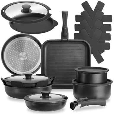 tectake®, Set di pentole 17 pezzi, set pentole induzione anche per pianio a gas ed elettrici, pentola per pasta, antiaderenti, manici removibili - 2 Padelle, 1 Padella Grill, 2 Pentola Pot, 4 Coperchi