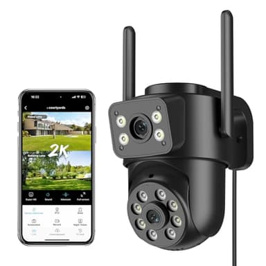 Reobiux 2K Telecamera Wi-Fi Esterno con Doppia Lente, 360° PTZ 2,4/5GHz Videocamera Sorveglianza Esterno, Colori Visione Notturna, Tracciamento Automatico del Movimento, Registrazione 24/7, IP66
