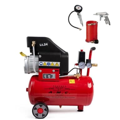 AMC Compressore ad aria da 25 litri pressione 8 bar elettrico coassiale 2 Hp incluso Kit Accessori salva spazio motore potente termicamente silenziato protetto con Carcassa esterna in alluminio