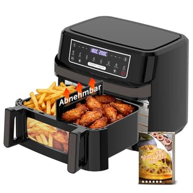 Friggitrice ad Aria 12L | Friggitrice Aria XXL Modalità Flessibile 1 o 2 Zone, 2600W Doppia Resistenza Controllo Indipendente Finestra & Luce Interna, Air Fryer Grande 8-in-1 Touch Control Ricettario
