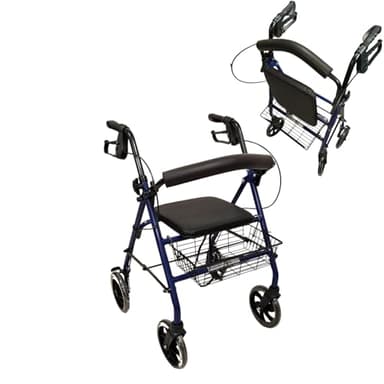 TERMIGEA RO10 - Deambulatore per Anziani con Seduta Pieghevole, Carrello per Anziani per Camminare in Acciaio (Portata 130KG) Sedile e Schienale Imbottito, Freni di Stazionamento, Altezza Regolabile