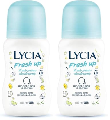Lycia, Fresh Up Deodorante Bambini Roll on, Formulato per le Prime Sudorazioni di Bambini e Ragazzi, Efficacia fino a 48H, Senza Sali di Alluminio e Senza Alcool, per Pelli Delicate, 50 ml