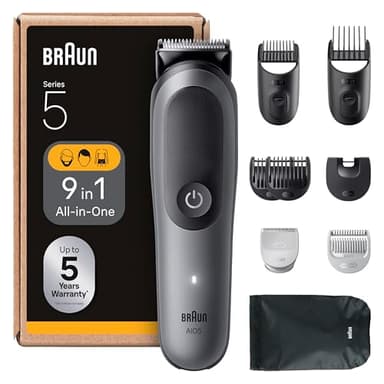 Braun Rifinitore All-in-One Series 5, Rasoio Elettrico Corpo Uomo, Barba e Capelli 9in1 con Lama Ultra Affilata, Regolabarba, Tecnologia Skinguard per Il Corpo, 120 Min di Autonomia, Aio5545, Grigio