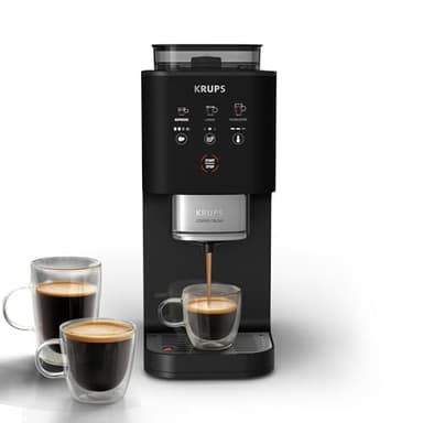 Krups Coffee Crush Extra, Macchina da Caffè Automatica, Super Compatta, Ingombro Minimo, 3 Livelli di Macinatura per Caffè in Grani, Intensità, Lunghezza e Temperatura Regolabili, 1370 W, Nero, SA4028