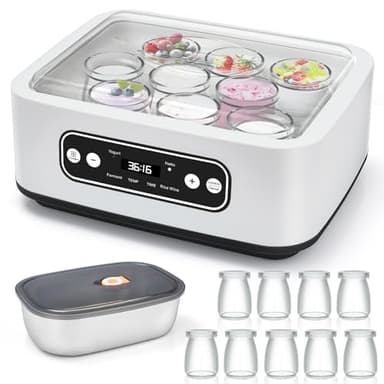 Lnopever Yogurtiera Elettrica con LCD Display, con 9 Vasetti da 100 ml Ciascuno, Può produrre 1,6 litri di yogurt,Temperatura Regolabile 20-55°C, Arresto Automatico e Coperchio con Display