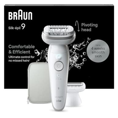 Braun Silk-Épil 9 Epilatore Elettrico Donna con Testina Flessibile, Wet&Dry, Pelle Liscia a Lungo, con Testina per Rasoio Elettrico Donna e Cappuccio Rifinitore, Depilatore Braun 9-041 Bianco/argento
