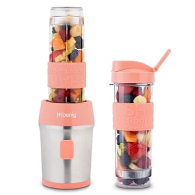 H.Koenig Mini frullatore SMOO10 Smoothie Maker, 570mL, 300W, 4 lame in acciaio inox, senza BPA, 2 bottiglie portatili da viaggio, frullati e frappé, Corallo