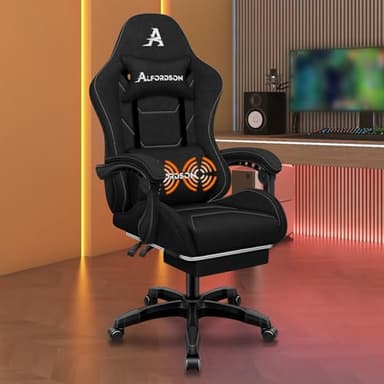 ALFORDSON Sedia Gaming Massaggiante, Sedia Gamer con Poggiapiedi Telescopico, Poltrona Ergonomica da Ufficio con Cuscino Lombare & Poggiatesta Regolabili, Regolabile 90-150°, Tessuto(Nera)