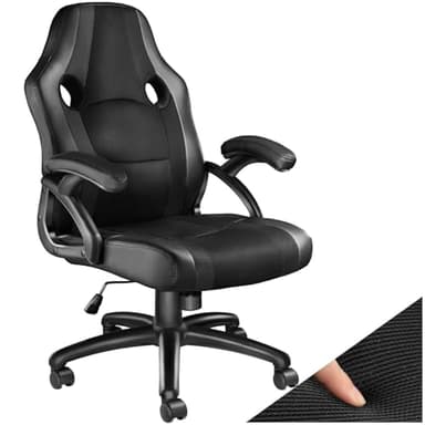 tectake® Sedia da Ufficio Ergonomica, Poltrona Gaming con Rivestimento in Similpelle, Regolabile in Altezza, Rotazione a 360 Gradi, Base Stabile con 5 Rotelle, Design Sportivo - Nero