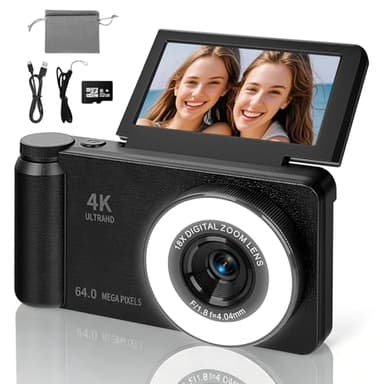 Fotocamera Digitale 4K 64MP con Luce di Bellezza e Modalità Bellezza - Schermo 3" 180° Flip Zoom Digitale 18X Autofocus Scheda 32GB Inclusa Macchina Fotografica Digitale per Selfie Vlog e Principianti