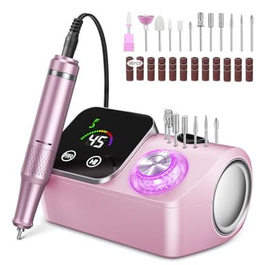 Urbuti Fresa per Unghie Professionale 45000 giri,12 testine di levigatura,Display LCD touch control,Manopola in cristallo,Lima per unghie portatile per unghie in acrilico e gel (Rosa chiaro)