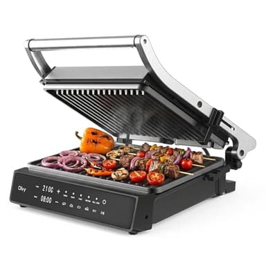 Olvy Grill Elettrico a Contatto 2000W PFAS Free Piastra Antiaderente Rimovibile 5 Programmi Automatici Apertura 180° Termostato Timer Panini Carne Verdure