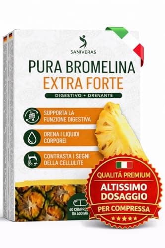 Bromelina FORTE DRENANTE 5000 GDU/g ALTISSIMO DOSAGGIO - 60 Compresse Integratore con Enzimi Digestivi Naturali per Gonfiore Addominale Estratto di Ananas Favorisce Microcircolo Naturale Made in Italy