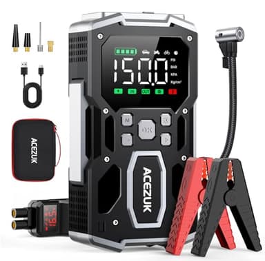 ACEZUK Avviatore Batteria Auto,8000A & 150PSI Avviatore di Emergenza per Auto con Compressore Aria Portatile (All Gas or 10.0L Diesel) 12V Jump Start,2 Luci/ 3.4" LCD Display