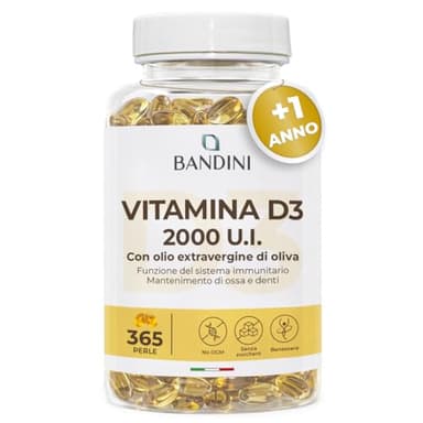 Bandini® Vitamina D3 2000 UI 365 Softgels, Alto Dosaggio 50μg, Vitamine D Colecalciferolo in perle, In Olio Extravergine di Oliva per Assorbimento Ottimale, Ossa, Denti, Muscoli, Sistema immunitario