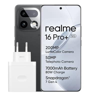 realme 16 Pro+ 5G Smartphone 12+512 GB, Fotocamera da 200MP LumaColor, 6,8" Display Curvo Display, Refresco a 144Hz, Snapdragon® 7 Gen 4, Batteria 7000mAh, Ricarica SuperVOOC 80W, IP69K, Grigio
