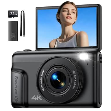 Macchina Fotografica Digitale 4K 64MP: Ultra HD Fotocamera Digitale Compatta per Vlog con Flip 180° da 3" Videocamera con Zoom Digitale 16X Scheda da 32GB per Bambini Principianti Adulti Studenti Nero