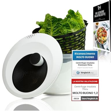 Centrifuga insalata Premium 5 L – 60 giorni di prova senza rischi – 2 in 1 antiscivolo: centrifuga & insalatiera – Ø 24,5 cm – senza BPA – lavastoviglie – per asciugare l’insalata – eBook incluso