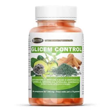 Hyper Glicem Control - Glucosio e Carboidrati - Integratore Alimentare con Griffonia, Cannella, Gimnema, Spirulina, Garcinia, Acido Alfa Lipoico, Cromo. 60 Compresse, prodotto in Italia.