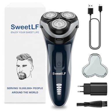 SweetLF Rasoio Elettrico Uomo,Regolabarba con Testine Rotanti 4D, Rasoio Ricaricabile Wet & Dry con Display LED, Rasatura Impermeabile IPX7 Blu Navy (Blu)