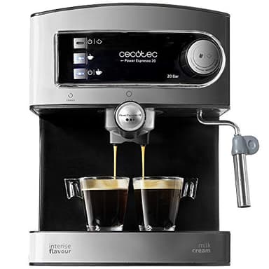 Cecotec Macchina da Caffè Espresso Power Espresso 20. 850 W, Pressione 20 Bar, Serbatoio 1,6 L, Uscita A Doppio Braccio, Vaporizzatore, Superficie A Tazza Calda, Finiture in Acciaio Inox