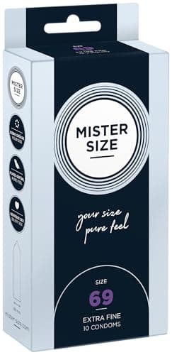MISTER SIZE Preservativi 69 mm (10 pezzi) extra sottili 0,05 mm, extra lubrificati, vestibilità perfetta, lattice naturale, trasparenti, vegani, CE 0123