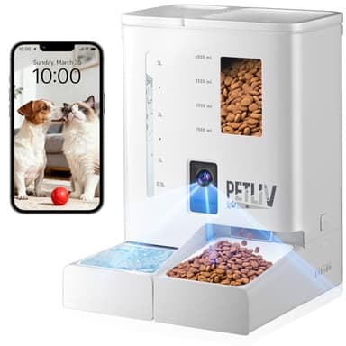 PETLIV Distributore Automatico Cibo Gatti con 2K Telecamera,5L Cibo e 4L Acqua Automati Gatti con 2.4G/5G WIFI,Controllo APP,con Visione Notturna,con Audio Bidirezionale